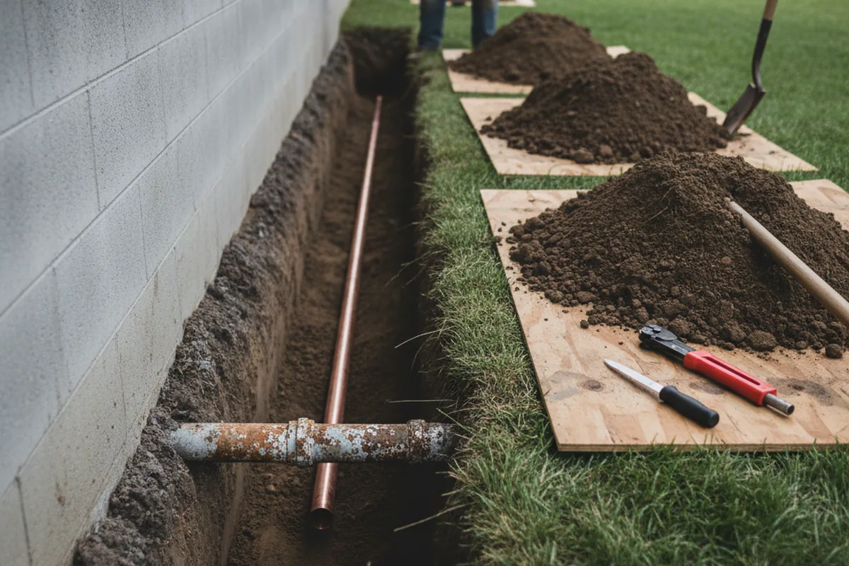 Excavated water line trench during Water Softener Installation in Sheffield